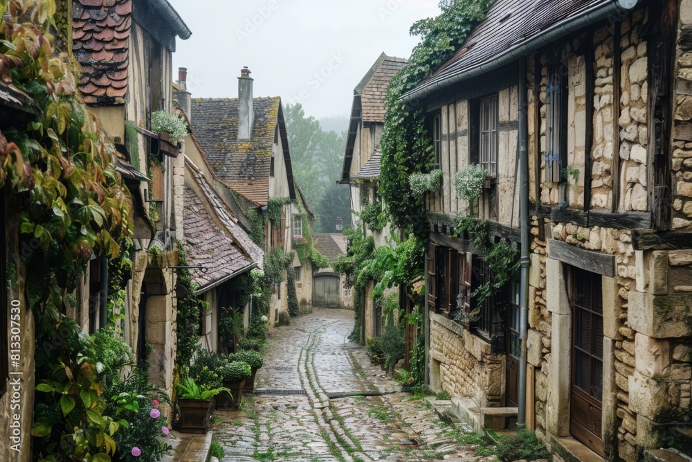 Fototapeta premium A charming European village with narrow cobblestone streets and ivy-covered buildings