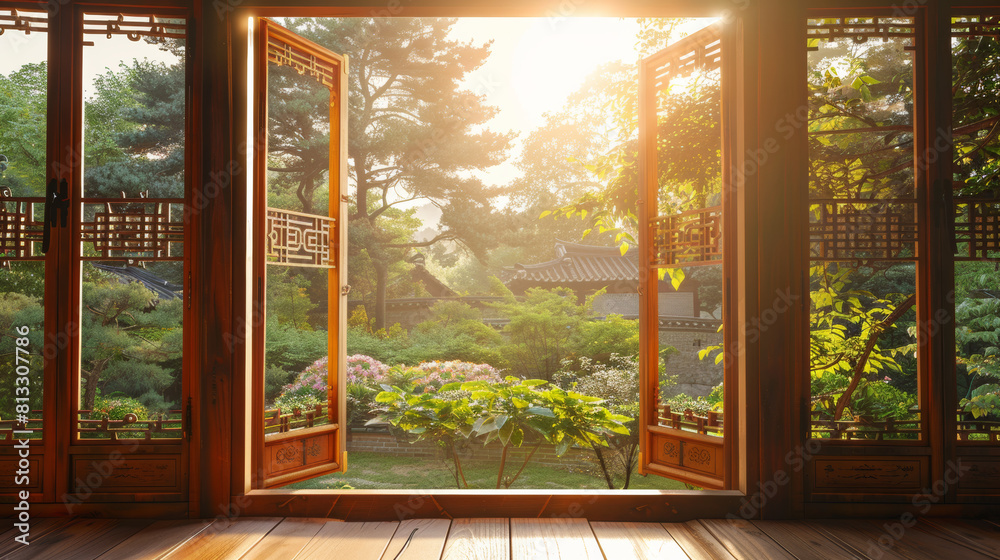 a traditional Korean garden seen through the ornate wooden windows of a Hanok, warm sunlight filtering through a traditional Korean garden seen through the ornate wooden windows of a Hanok, warm sunlight filtering through