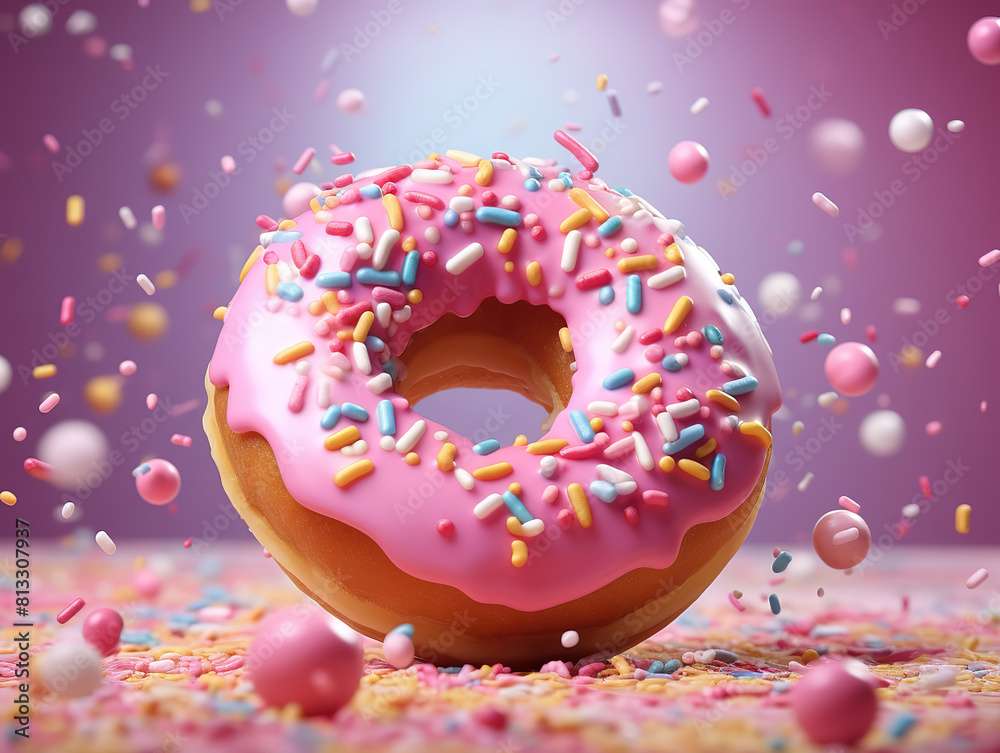 Donut with pink glaze on a pink background Donut with pink glaze on a pink background