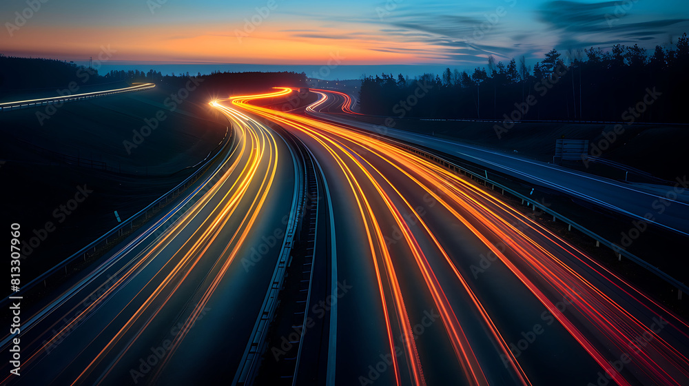 Stream of light trails on motorway at night
