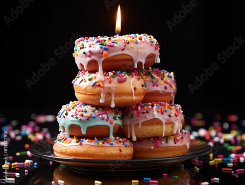 Front view of birthday doughnut with lit candle and copy space