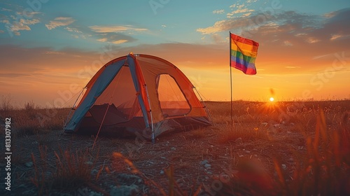 orange tent and rainbow flag at a beautiful mountain landscape during sunset while camping, an adventurous travel concept