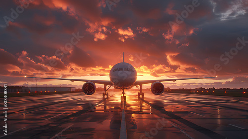 Sunset view of airplane on airport runway under dramatic sky photo