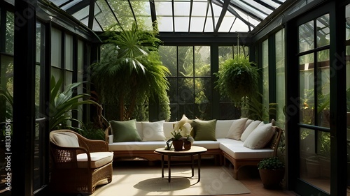 A sunlit conservatory filled with lush greenery, wicker furniture, and hanging plants