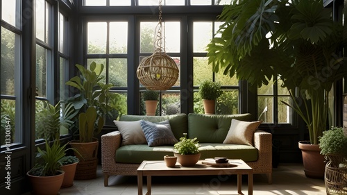A sunlit conservatory filled with lush greenery  wicker furniture  and hanging plants