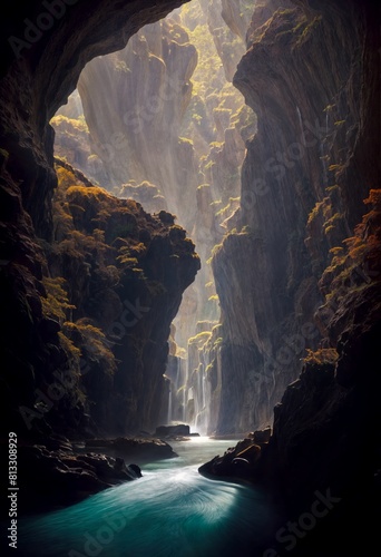Gorge with a mountain river and rays of light and waterfalls in the distance