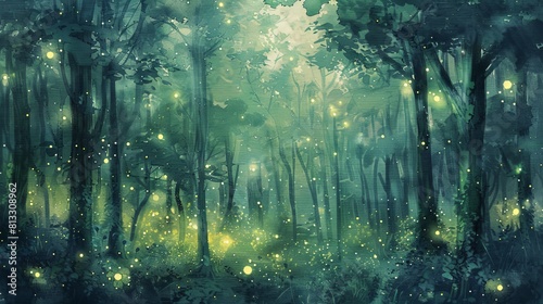 Mystical watercolor of fireflies lighting up the dense forest at night  illuminating the darkness with their otherworldly green glow