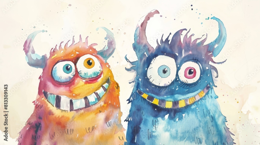 Obraz premium Playful watercolor of two cartoon monsters standing together, their oversized eyes and big smiles adding humor and charm to the painted imitation