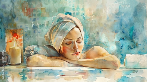Vivid watercolor scene of a tranquil spa salon  the woman resting with a warm towel wrap on her head and soft ambient light streaming through