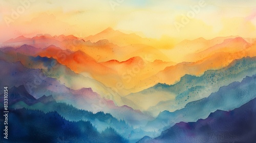 Vibrant watercolor depicting a sunrise over foggy mountain peaks, the soft light gently touching the slopes with warm hues