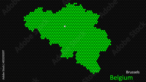 A map of Belgium  with a dark background and the country s outline in the shape of a colored hexagon  centered around the capital. A simple sketch of the country