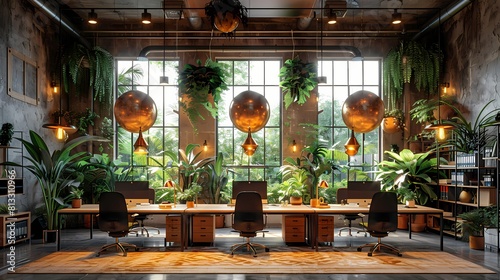 A chic coworking space with glass dividers, black ergonomic chairs, white desks, and gold pendant lights, providing a stylish and collaborative environment for remote workers