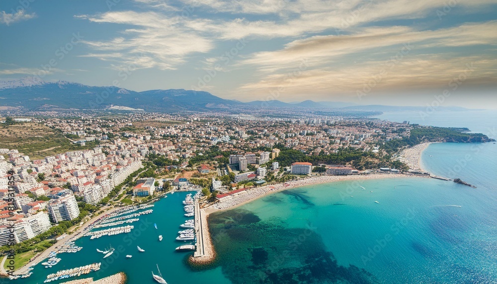 Aerial view of coastal city and marina