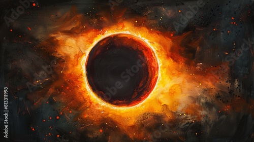 Watercolor of a solar eclipse with a bright orange sun haloing against the pitch-black sky, the miraculous spectacle framed by soft celestial brush strokes