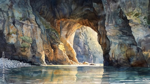 Watercolor of a cave entrance framed by rugged cliffs, sunlight casting soft shadows inside the cavern, creating a tranquil scene