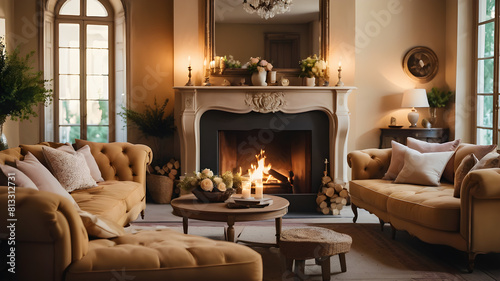 Two sofas near fireplace. French country, provence interior design of modern living room