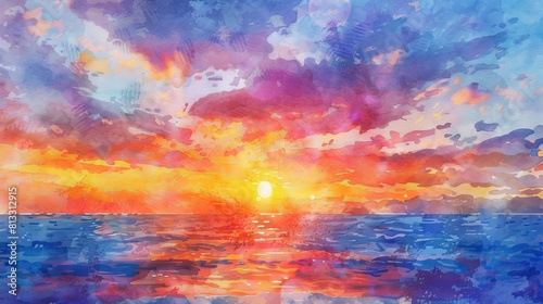 Watercolor sunset scene with the sun sinking below the horizon, clouds painted in glowing oranges and reds against a dusky blue sky