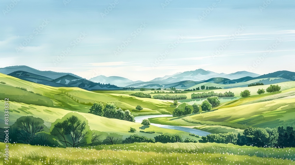 Watercolor painting of a serene countryside vista with rolling green hills and a winding river flowing through, set under a clear blue sky Watercolor painting of a serene countryside vista with rolling green hills and a winding river flowing through, set under a clear blue sky