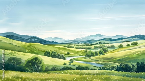 Watercolor painting of a serene countryside vista with rolling green hills and a winding river flowing through, set under a clear blue sky
