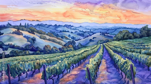 Watercolor painting showing rows of grapevines winding through rolling hills, twilight colors filling the sky with soft oranges and purples photo