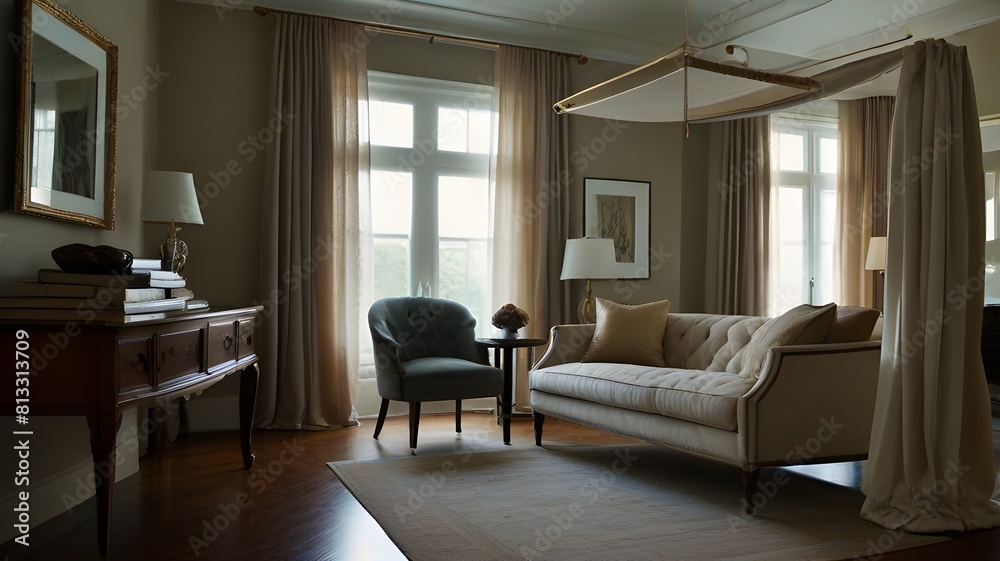 A dreamy master suite with a canopy bed, sheer curtains, and a tufted velvet chaise lounge A dreamy master suite with a canopy bed, sheer curtains, and a tufted velvet chaise lounge