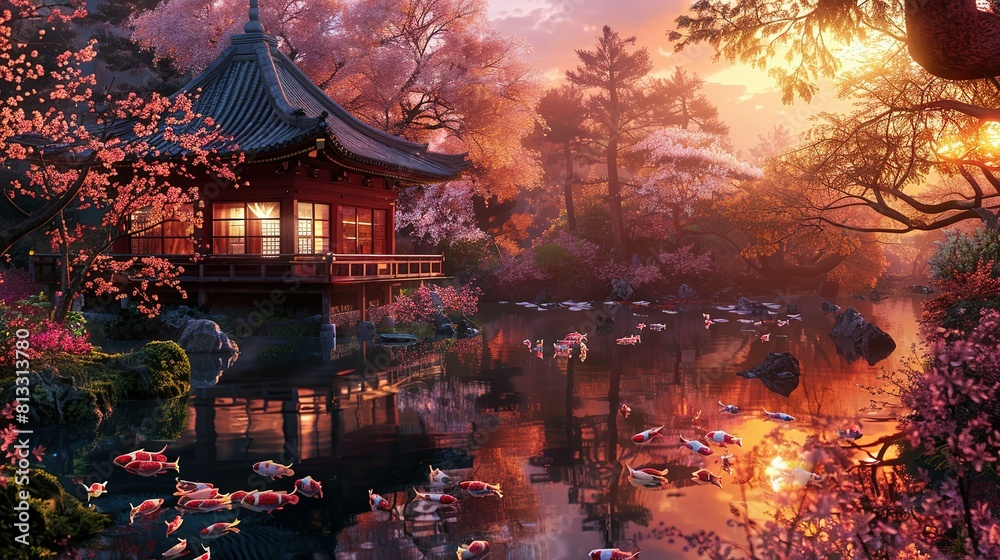 A Traditional Japanese Pavilion Basking in the Warm Embrace of a Cherry Blossom Sunset A Traditional Japanese Pavilion Basking in the Warm Embrace of a Cherry Blossom Sunset