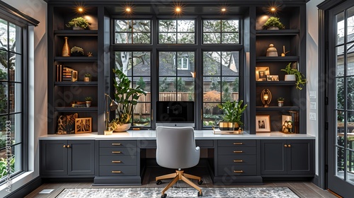 A contemporary home office with black built-in shelving, white desk, and gold desk accessories, providing a sleek and organized workspace for productivity photo