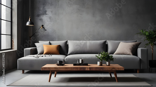 Wooden coffee table near grey corner sofa against concrete wall. Loft, minimalist interior design of modern living room