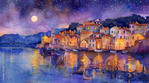 Wallpaper Mural Whimsical watercolor of a coastal village lit up at twilight, the buildings twinkling brightly as they overlook the mirror-like water Torontodigital.ca