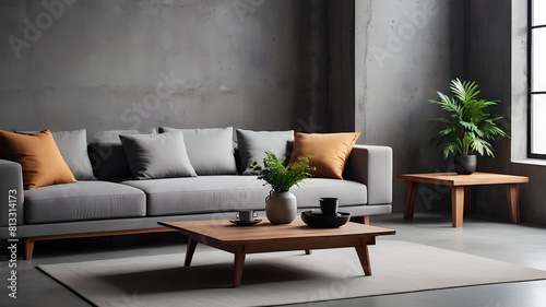 Wooden coffee table near grey corner sofa against concrete wall. Loft, minimalist interior design of modern living room