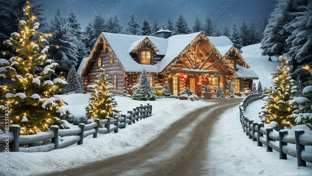 Fototapeta premium Log Cabin decorated for Christmas