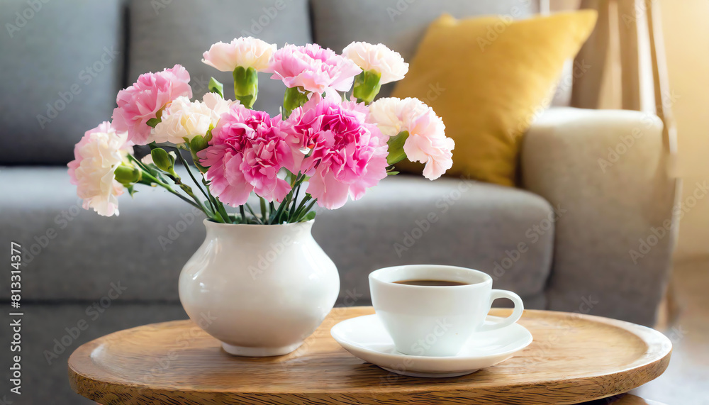 Pink carnations and white coffee cup Pink carnations and white coffee cup