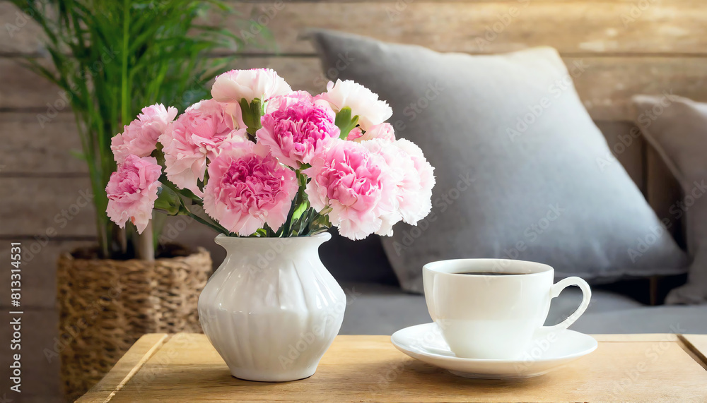 Pink carnations and white coffee cup