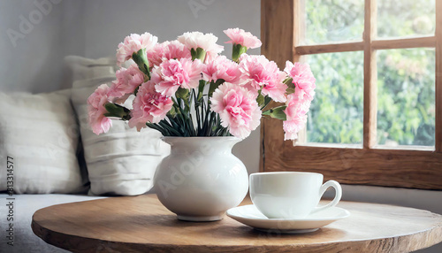 Wallpaper Mural Pink carnations and white coffee cup Torontodigital.ca
