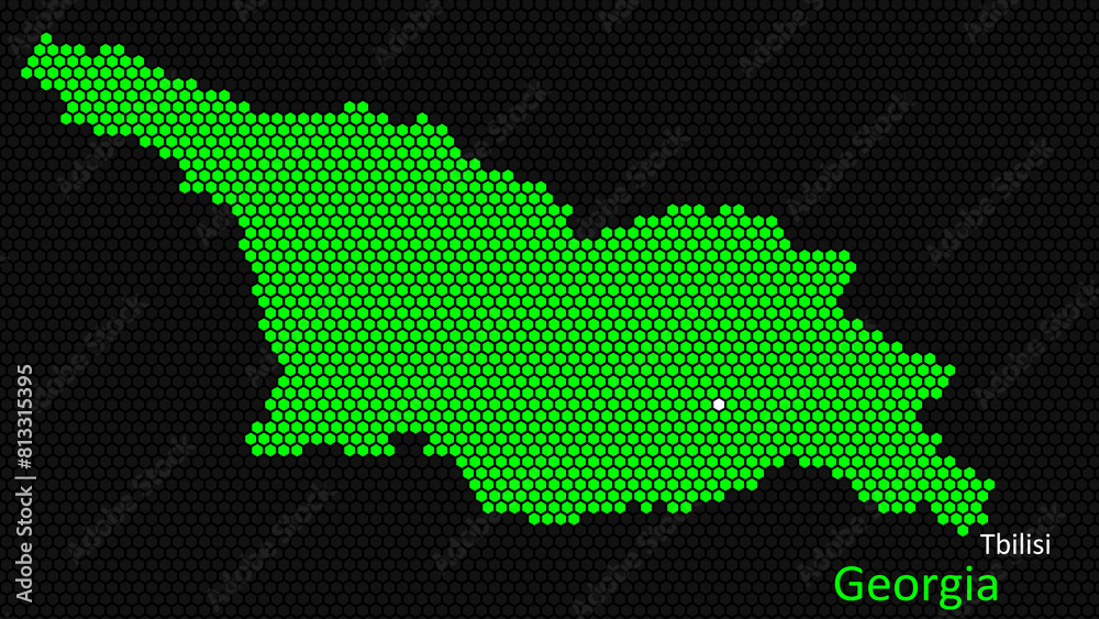 A map of Georgia, with a dark background and the country's outline in the shape of a colored hexagon, centered around the capital. A simple sketch of the country