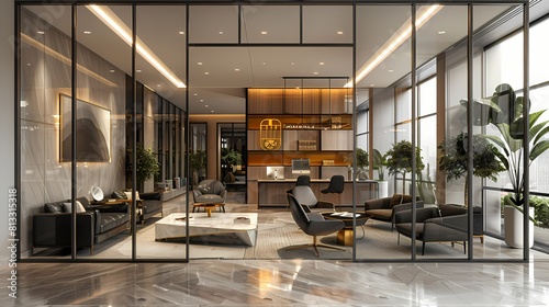 A contemporary office lounge with glass partitions, black leather seating pods, and white marble coffee tables accented by gold trimmings, offering a chic space for informal meetings photo
