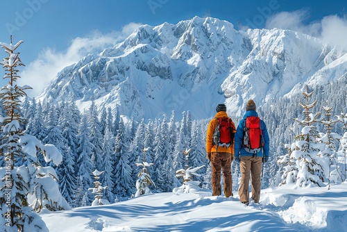 Snowy Peak Reverie: Two Men Admiring Nature's Majesty