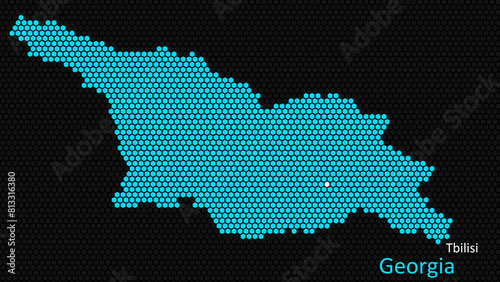 A map of Georgia, with a dark background and the country's outline in the shape of a colored hexagon, centered around the capital. A simple sketch of the country