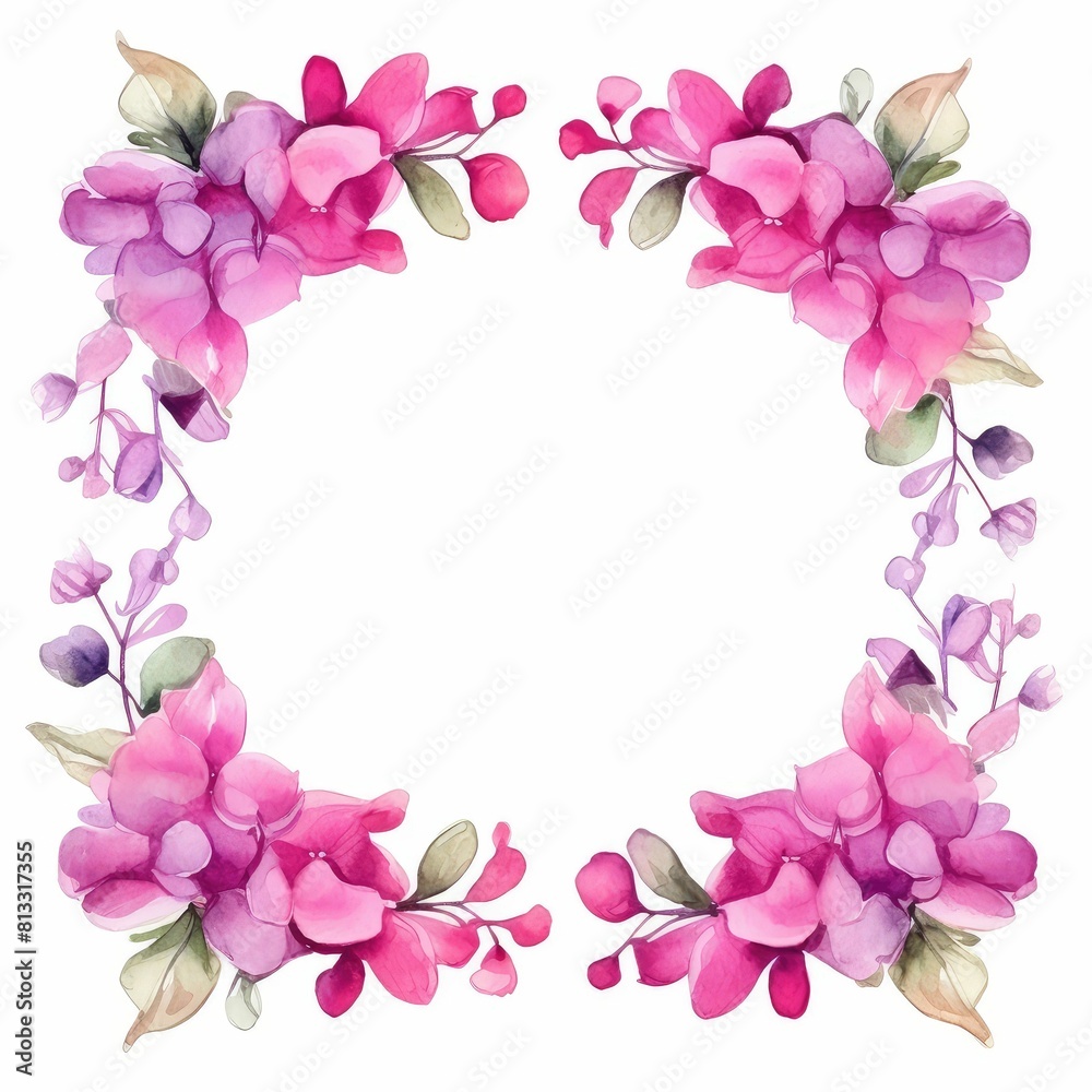 bougainvillea themed frame or border for photos and text.featuring bright pink and purple flowers. watercolor illustration, Floral Border , watercolor, Floral Frame.