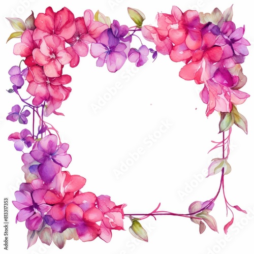 bougainvillea themed frame or border for photos and text.featuring bright pink and purple flowers. watercolor illustration, Floral Border , watercolor, Floral Frame.