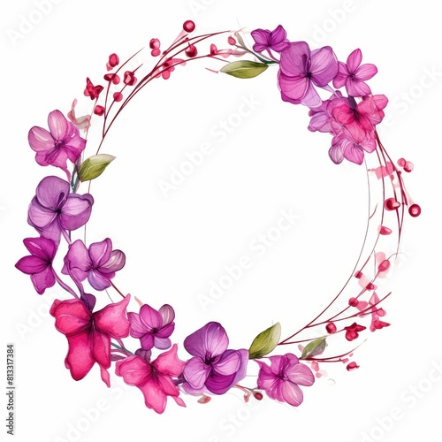 bougainvillea themed frame or border for photos and text.featuring bright pink and purple flowers. watercolor illustration, Floral Border , watercolor, Floral Frame.