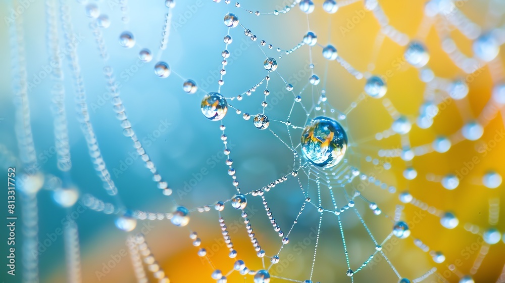 Delicate and detailed close-up of a wet spider web with dew drops against a blurry background of blue sky and yellow leaves. Delicate and detailed close-up of a wet spider web with dew drops against a blurry background of blue sky and yellow leaves.