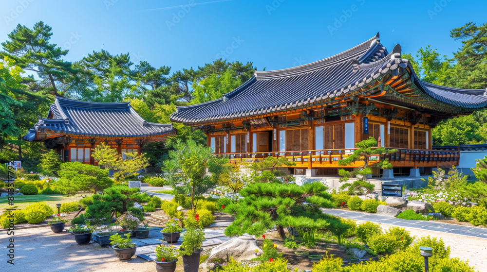 Tranquil Korean garden in front of a traditional wooden building, sunny day with clear sky Tranquil Korean garden in front of a traditional wooden building, sunny day with clear sky