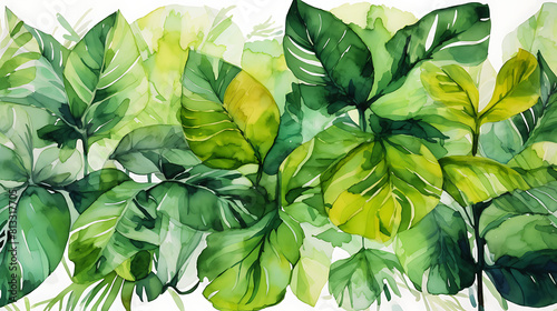 Watercolor green leaves isolated white background.  Beautiful tropical exotic foliage