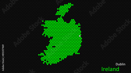 A map of Ireland, with a dark background and the country's outline in the shape of a colored hexagon, centered around the capital. A simple sketch of the country