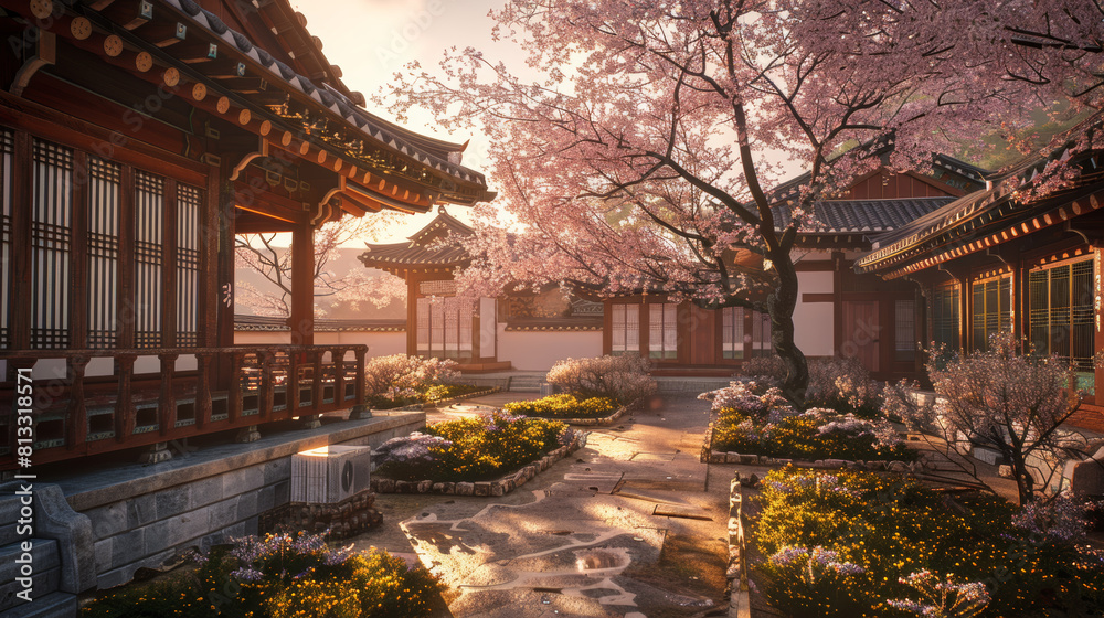 peaceful Korean garden in spring, set behind a traditional hanok, with cherry blossoms and warm morning light peaceful Korean garden in spring, set behind a traditional hanok, with cherry blossoms and warm morning light