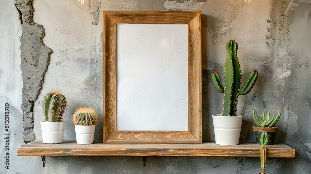 A Wooden Picture Frame Encases a Cactus on a Rustic Shelf A Wooden Picture Frame Encases a Cactus on a Rustic Shelf