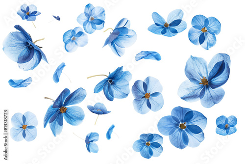 Blue Butterfly and Flower Set flowers petals flying for Spring Nature Design