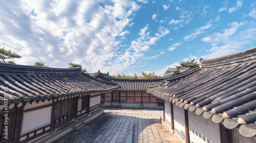 Korean palace courtyard during daytime, traditional tile roofs under a bright blue sky