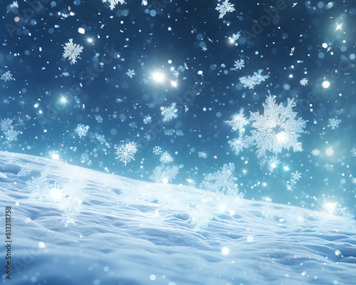 Snowflakes falling gently in a simulated environment, side view serenity of digital snowfall robotic tone vivid